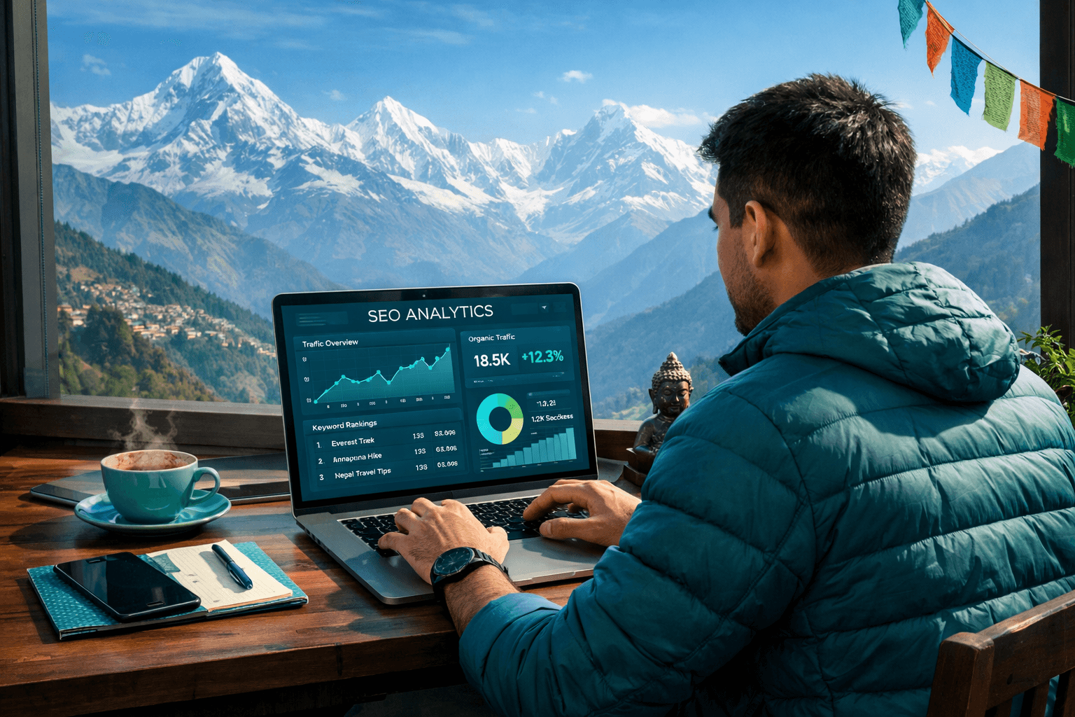 Nischal Gurung, SEO Expert in Nepal, working on SEO analytics with stunning Himalayan mountains in the background
